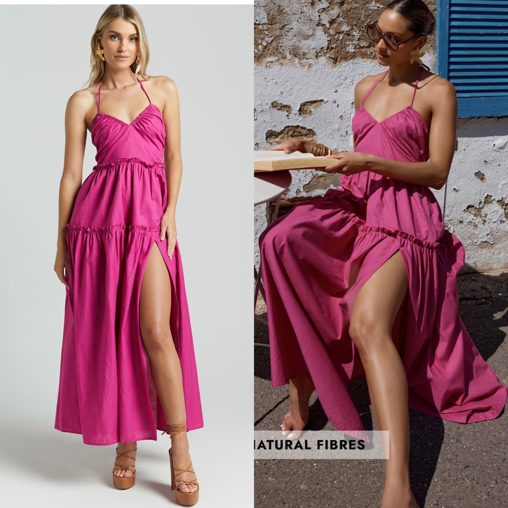 STRAPPY HALTER MIDI DRESS IN MAGENTA